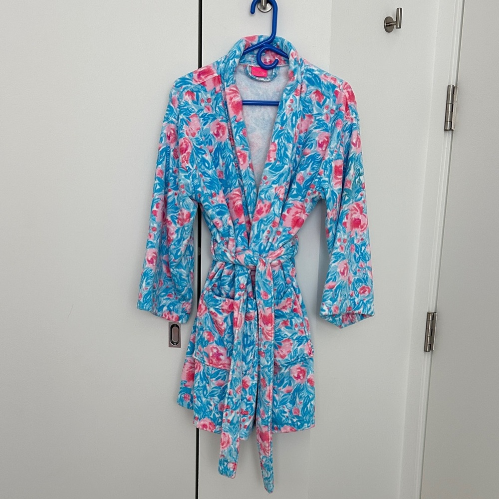Lilly Pulitzer Floral Blue and Pink Robe My Little Peony Terry Velour Cotton OS